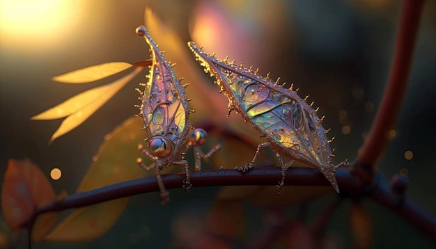 Twee bugachtige insecten zitten op een tak in het zonlicht.