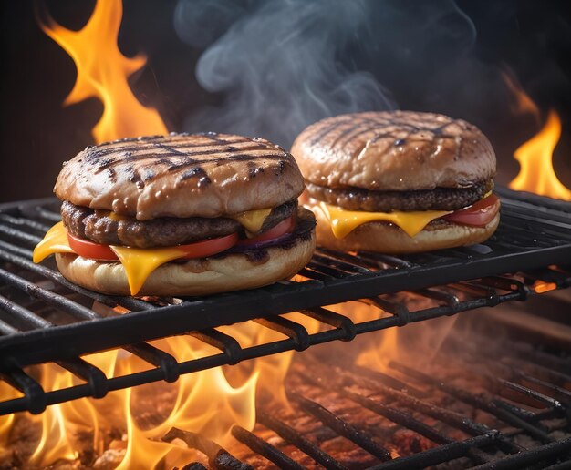 Foto twee burgers koken op een grill. eén heeft kaas en de andere helft van de andere helft.