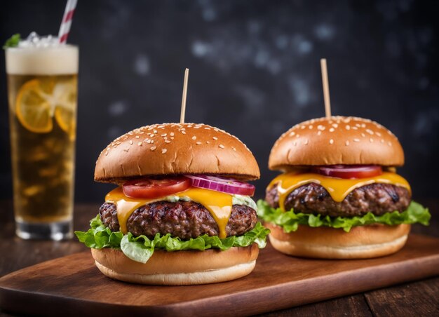 twee burgers met tomaten en kaas staan op een houten plank