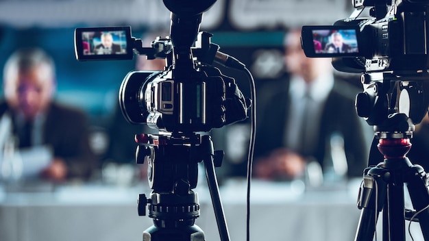 Foto twee camera's opnemen presentatie op persconferentie vervaagde sprekers in pak achtergrond