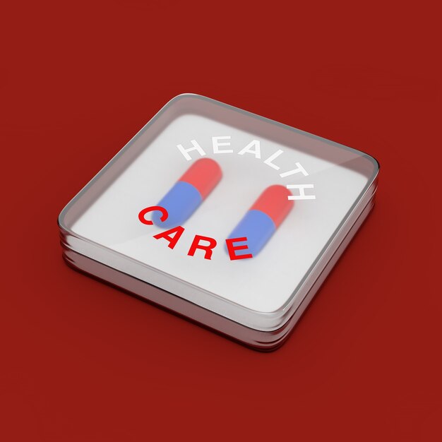 Twee capsules voor gezondheidszorgpillen in een harde plastic hoes op een rode achtergrond. 3d-rendering