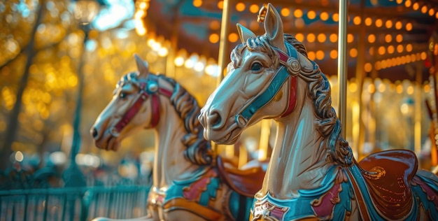 twee carrouselpaarden in een park