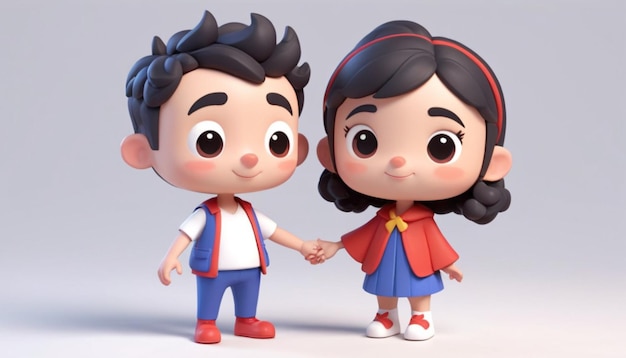 Twee cartoon stijl kinderen die handen vasthouden Ze zijn gekleed in kleurrijke kleding en hebben vrolijke