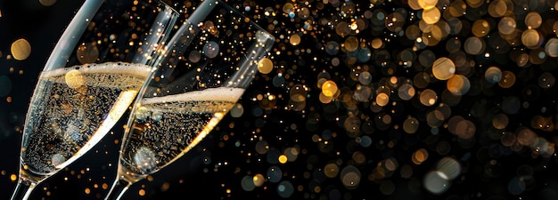 Foto twee champagne glazen klinken met gouden bubbels en glitter op een zwarte achtergrond