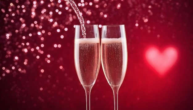 twee champagne glazen viering van Valentijnsdag op lichte bokeh en rode textuur achtergrond achtergrond