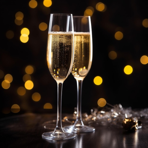 Twee champagneglazen met gouden lampjes op de achtergrond