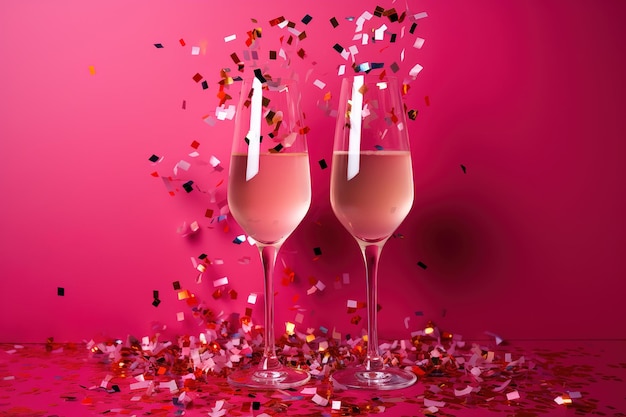 Twee champagneglazen met splash confetti op roze achtergrond generatieve ai