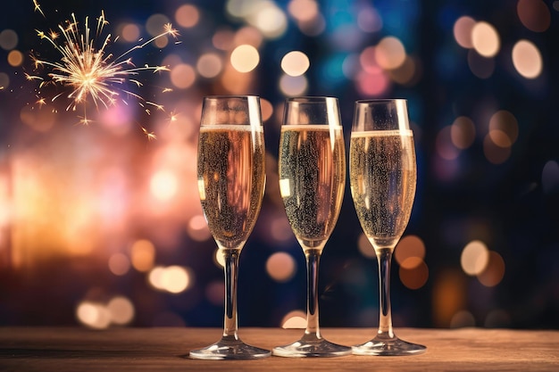 Twee champagneglazen op de achtergrond van vuurwerk in pastelkleuren met lege ruimte New Year's Eve Celebration Generatieve AI