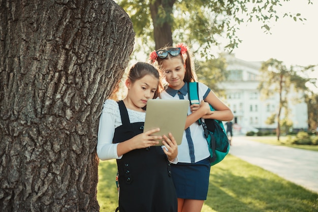 Twee charmante schoolgaande meisjes staan bij de boom bij de school en spelen op de tablet.