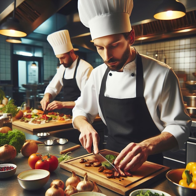 twee chefs in een keuken die eten bereiden