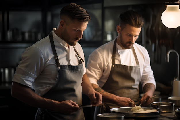 Twee chefs in een keuken in de stijl van Precisionist Line Art