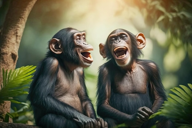 Twee chimpansees lachen elkaar uit in een tropische natuurachtergrond