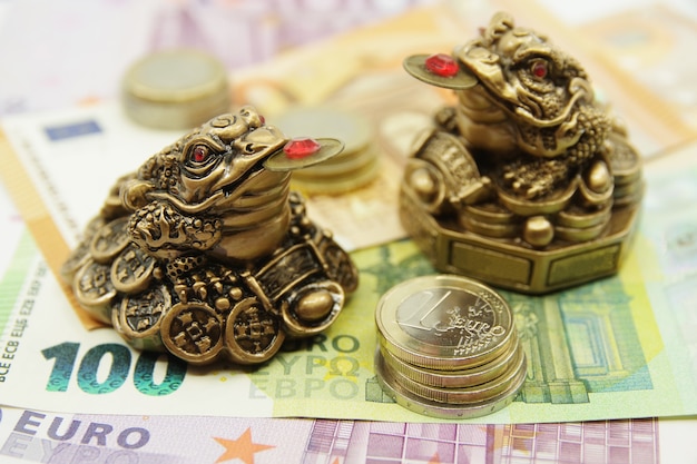 Twee Chinese Feng shui-kikkers die op eurobankbiljetten zitten. Symbool van overvloed en geluk.