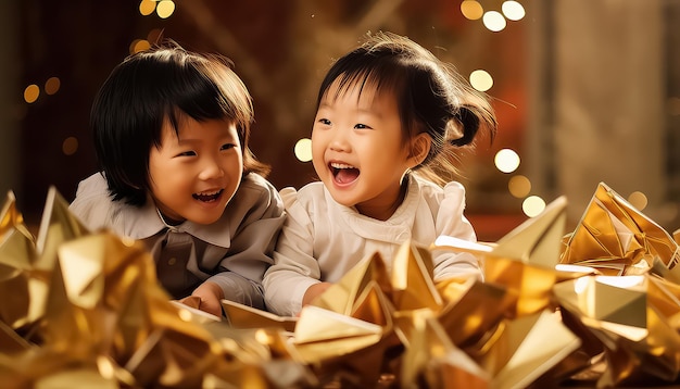 Twee Chinese kinderen ontvangen geschenken voor het Nieuwe Jaar