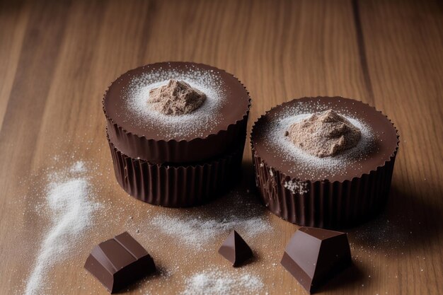Twee chocolade cupcakes met een poedersuiker bovenop.