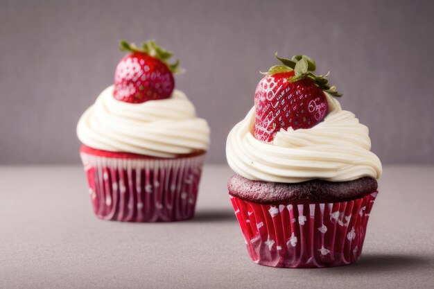 Twee chocolade muffin cupcakes vanille crème aardbei decoratie roze rood gestippelde papieren ovenschaal