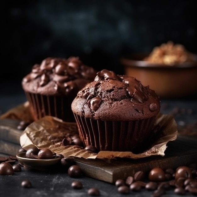 Twee chocolademuffins met koffiebonen op een houten tafel.