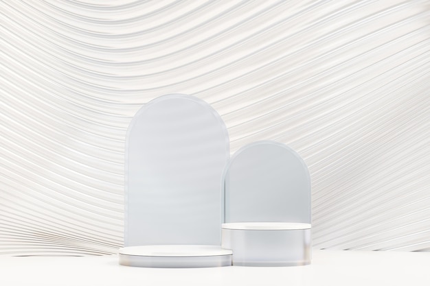 Twee cilinder helder glas stap podium licht thema Witte achtergrond. 3D illustratie weergave.