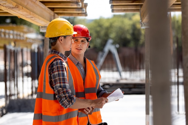 Twee civiel ingenieurs gekleed in oranje werkvesten en helmen bespreken het bouwproces op de bouwplaats bij de houten constructies en stalen frames.