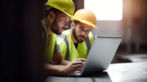 Foto twee civiele ingenieurs bekijken de details van het project op een laptop