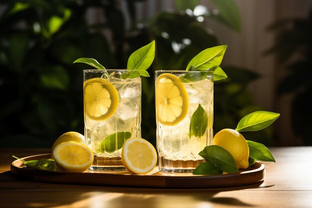 Foto twee cocktails met een groen blad en een glas limonade.