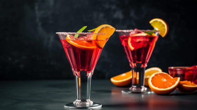 Twee cocktails met sinaasappels en limoen erbij