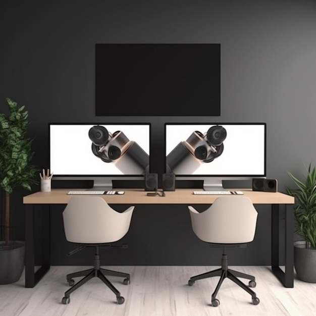 Foto twee computerschermen op een bureau met twee stoelen en een generatieve plant ai