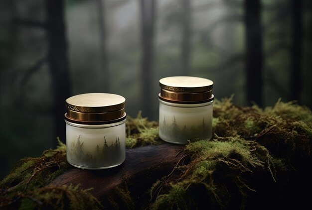 twee containers met lichaamsproducten zitten bovenop een hout in de stijl van mysterieuze landschappen