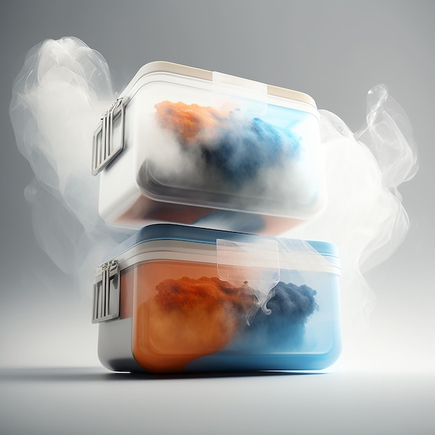 Twee containers waar rook uit komt en één met een blauwe en oranje wolk erin.