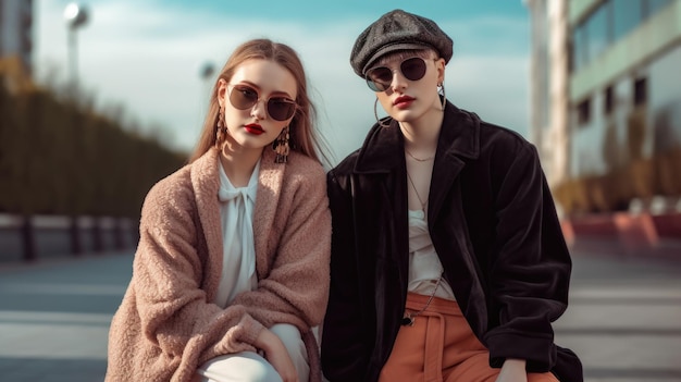 Twee coole vrouwen die zeer trendy modieuze kleding dragen Generatieve AI AIG20