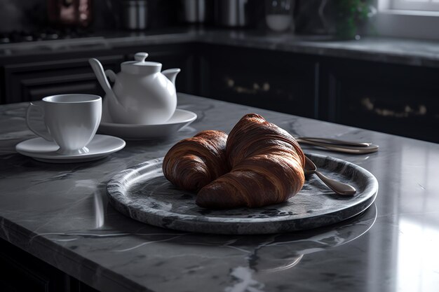 Twee croissants en een kopje koffie op een marmeren dienblad