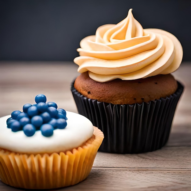 Twee cupcakes met bosbessen erop en één met bosbessen erop.