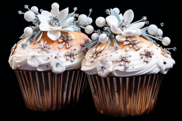 Twee cupcakes met kerstversiering suikerbloemen en ballen op een zwarte achtergrond Kopieer ruimte