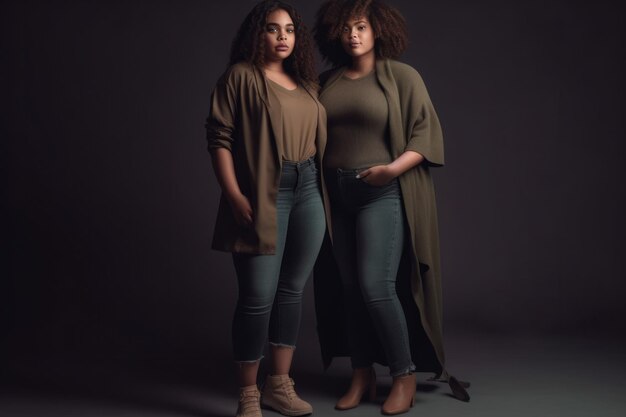 Twee curvy plus size mollige Afro-Amerikaanse vrouwen op donkere achtergrond gemaakt met AI