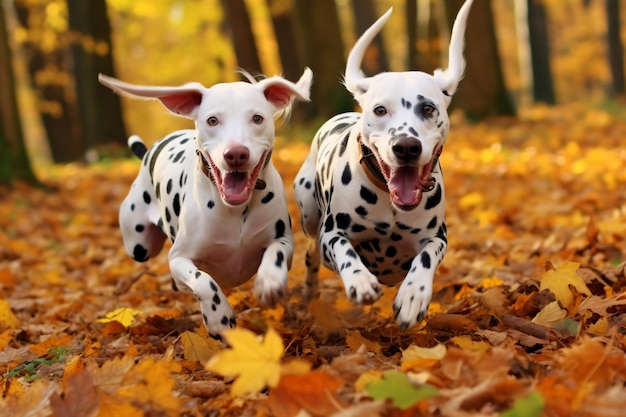 Twee Dalmatische honden lopen door een bos.