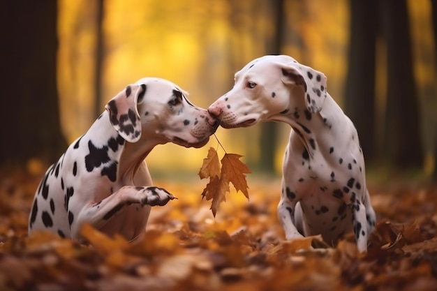 Twee Dalmatische honden spelen in de bladeren.