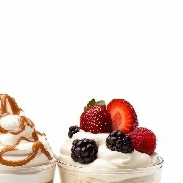 Twee desserts met aardbeien en een witte achtergrond.