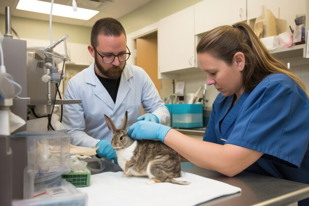 Foto twee dierenartsen in de kliniek behandelen een huishoudelijk konijn