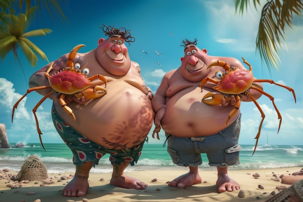 Twee dikke mannen met krabben op een tropisch strand 3D-illustratie