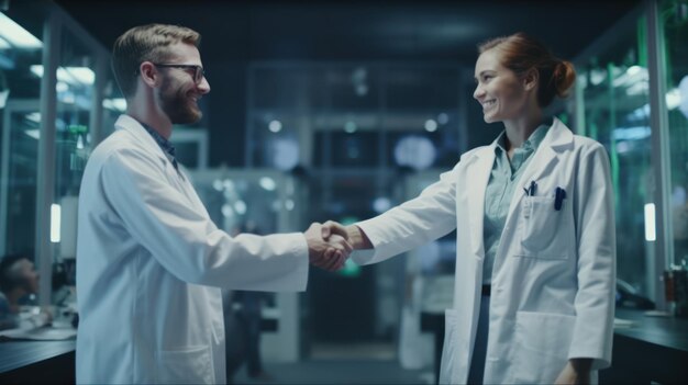 Foto twee dokters die elkaar de hand schudden, waarvan er één een dokter is.