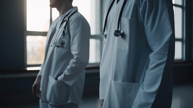 Twee dokters staan in een kamer met een raam op de achtergrond.