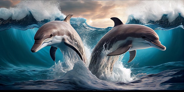 Twee dolfijnen in de oceaan met een golf erachter