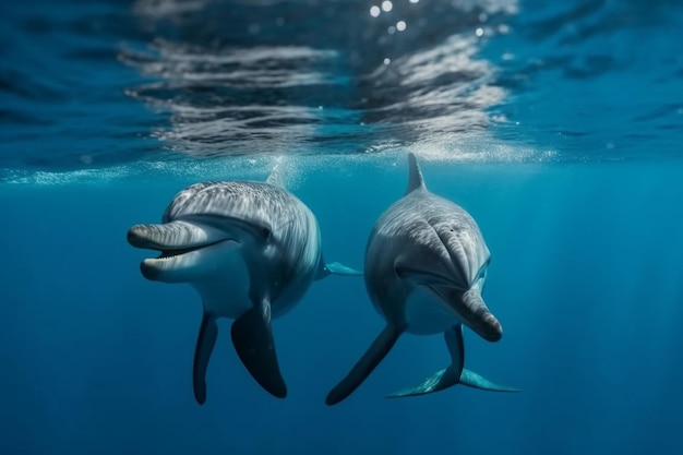 Twee dolfijnen zwemmen in de oceaan en het woord dolfijn staat op de bodem.