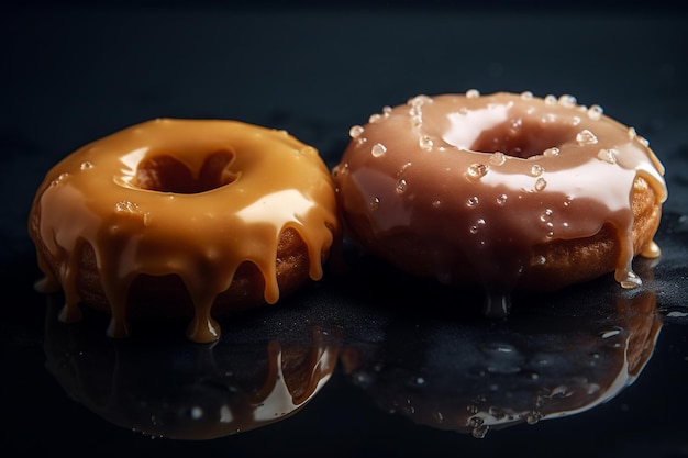 Twee donuts op een tafel met een zwarte achtergrond
