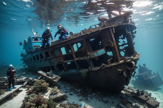 Twee duikers verkennen het wrak van het in de Malediven gezonken Kudimaa-schip