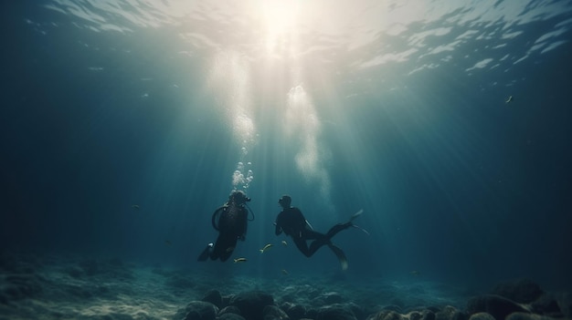 Twee duikers zwemmen onder water Generatieve Ai