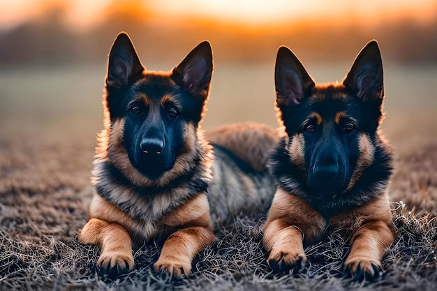 Twee duitse herders die op het gras leggen