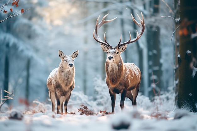 twee edelherten in het bos