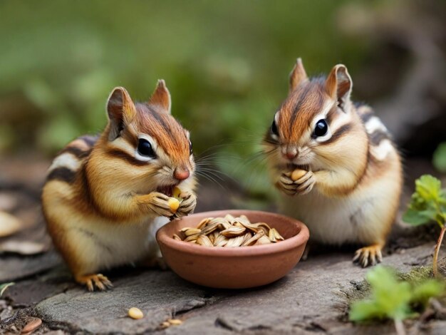 Twee eekhoorns eten uit een kom met granen.