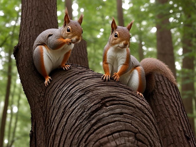 Twee eekhoorns op een boomstam in het bos in een close-up view